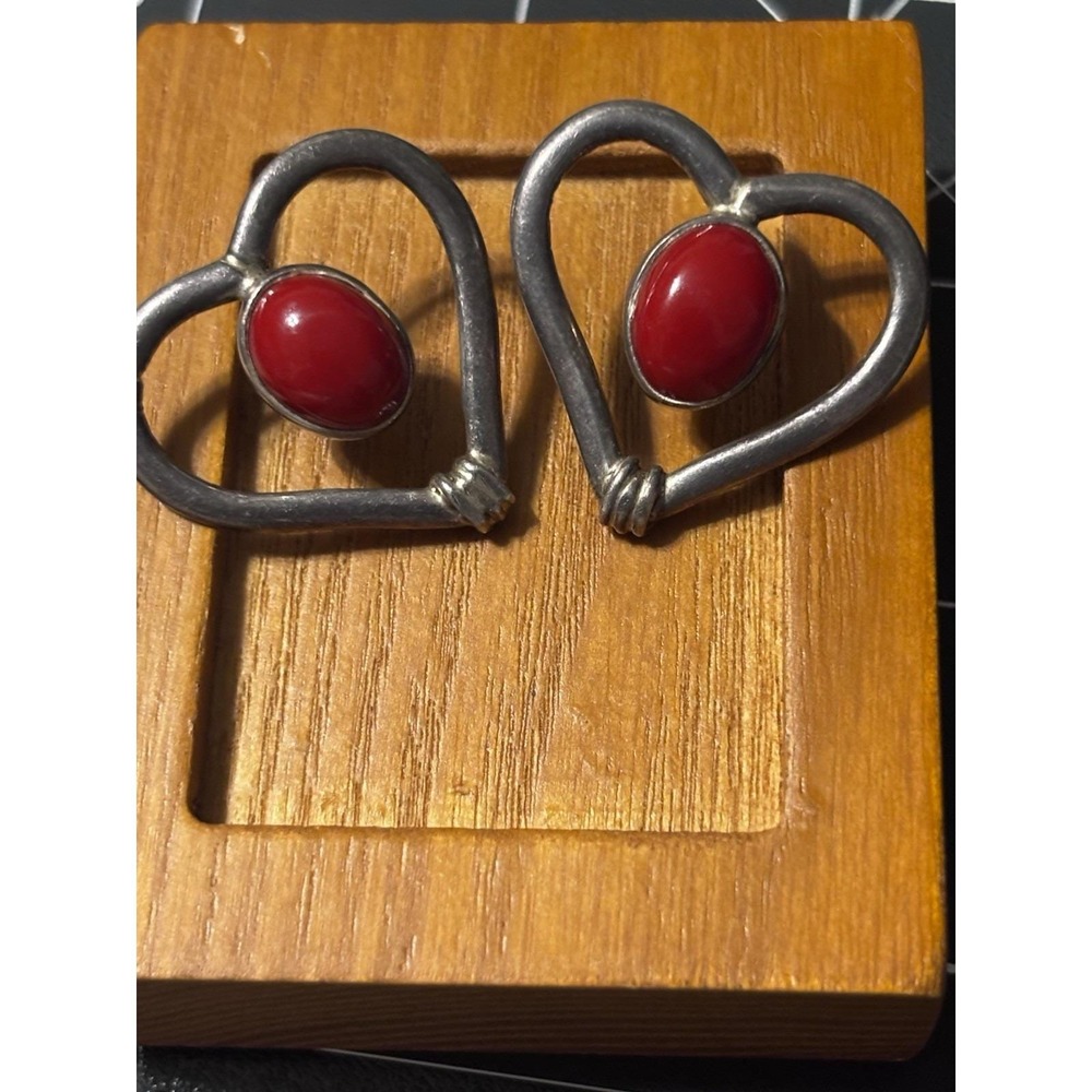 Sterling Southwestern Heart Earrings With Red Cabochon